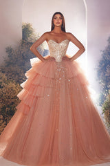 Long Strapless Ball Gowm Tulle Layered Long Prom Dress with Beads