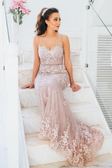Long Mermaid Spaghetti Straps Prom Dresses with Appliques Lace