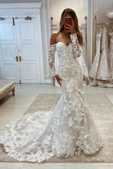 Off The Shoulder Sweetheart Long Sleeve Tulle Mermaid Wedding Dress