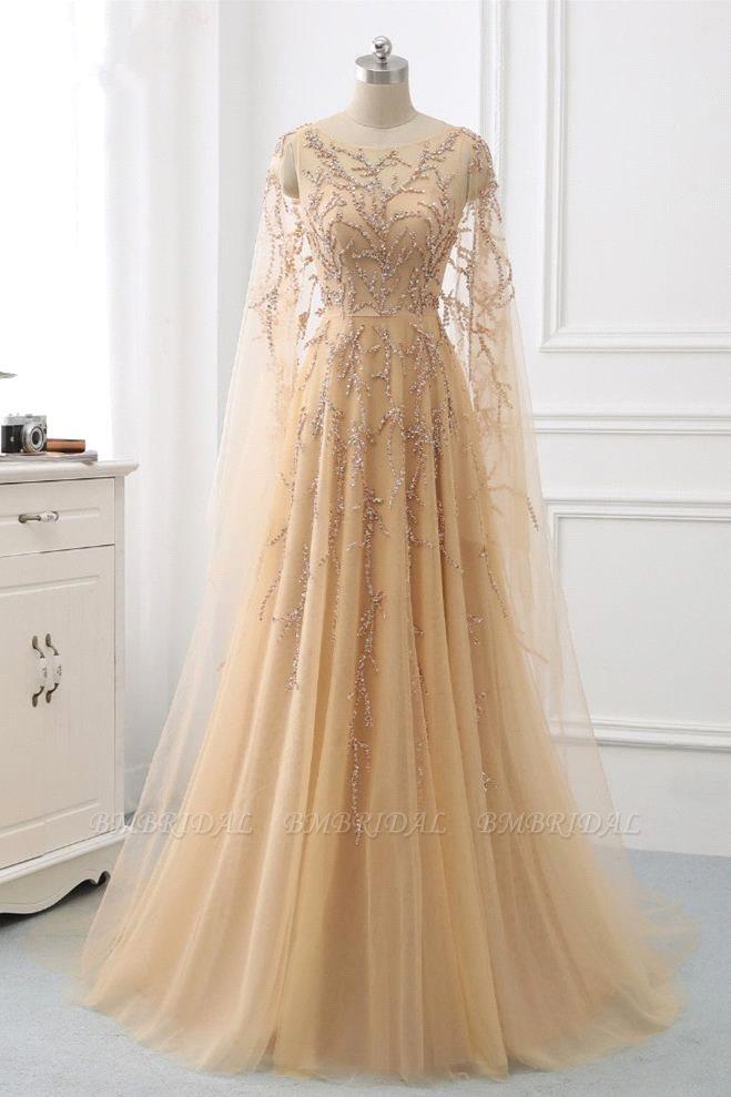 Long Sleeves Backless A-Line Tulle Beading Formal Evening Dress