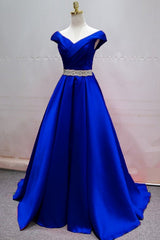 Simple A-line V-neck Floor Length Ruffles Satin Prom Dress With Beaded