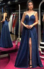 Long A-line V-neck Spaghetti Straps Glitter Prom Dress with Slit