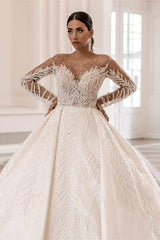 Gorgeous Long Sleeves Bateau Crystal Pearl Ball Gown Satin Wedding Dress