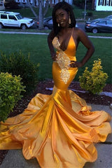 Long V-neck Spaghetti Straps Lace Satin Mermaid Prom Dress