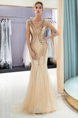 Long Mermaid Golden Sequins Beading Sleeveless Formal Evening Dress