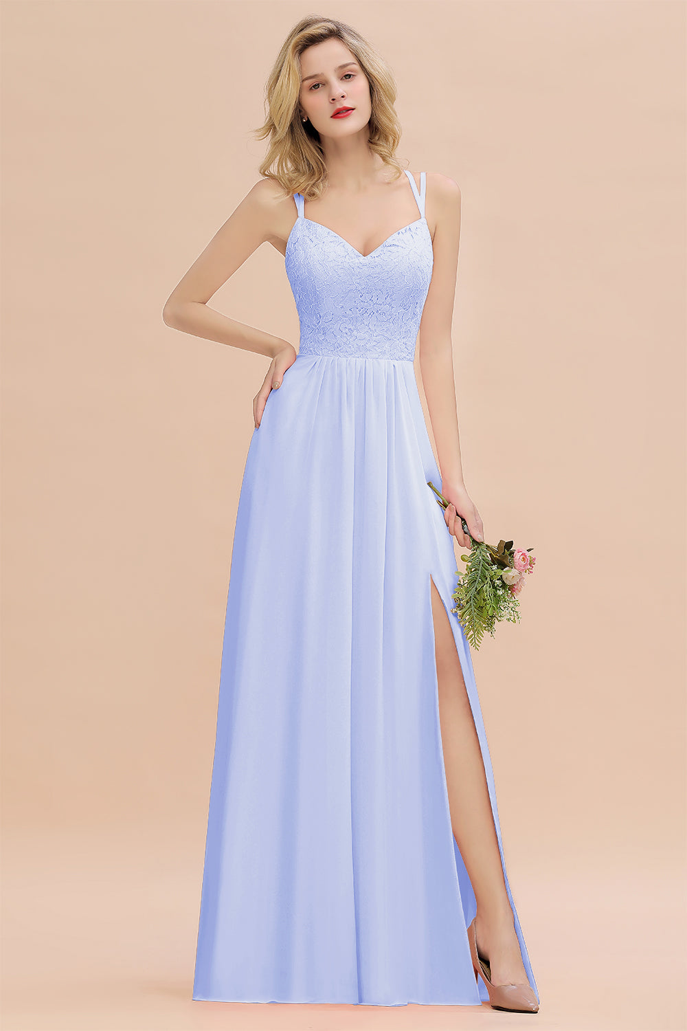 Beautiful A-Line Chiffon Spaghetti Straps Sweetheart Floor Length Split Bridesmaid Dress