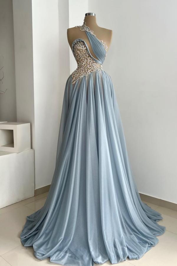 Dusty Blue A-Line One shoulder Satin Long Prom Dresses with Appliques Lace