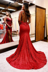 Sexy Long Mermaid V-neck Sequined Backless Prom Dress with High Split