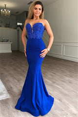 Royal Blue Long Sweetheart Appliques Lace Mermaid Prom Dress
