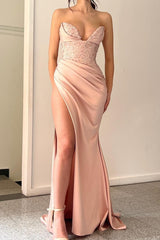 Long Mermaid Sweetheart Satin Beading Formal Prom Dresses with Slit