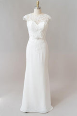 Long Mermaid Lace Chiffon Wedding Dress	es with Cap Sleeve