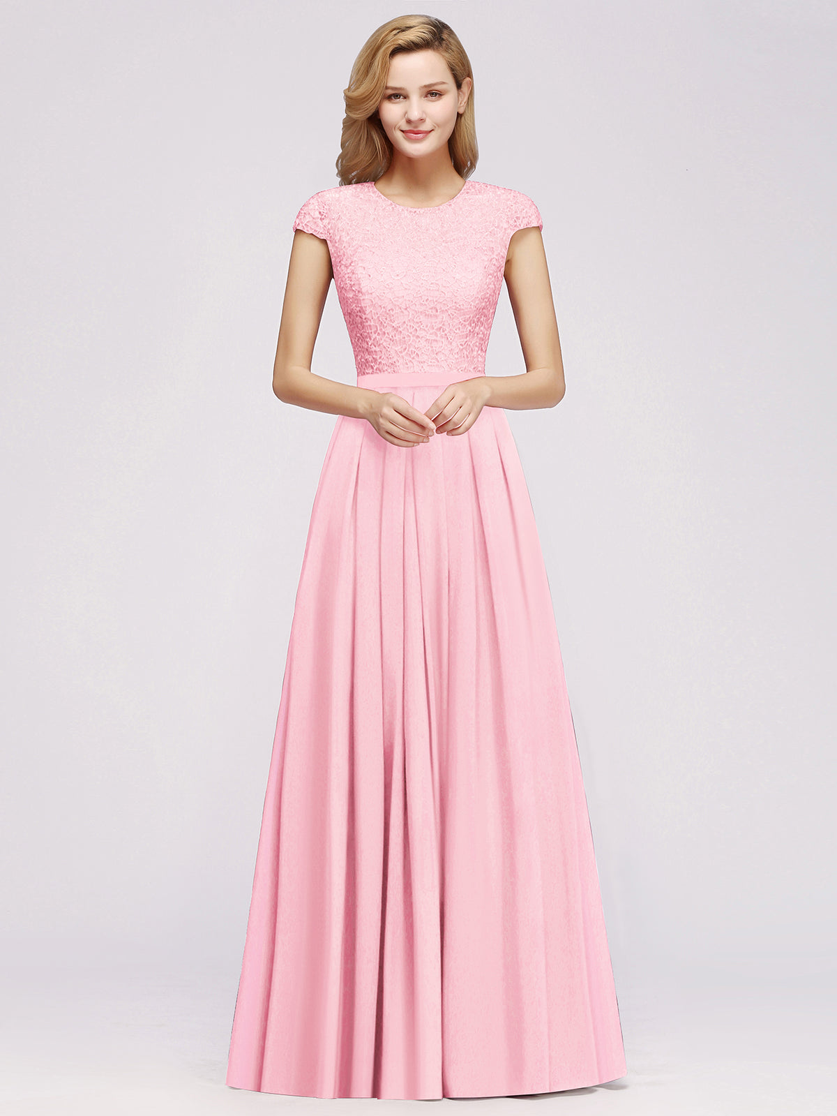 Long A-line Chiffon Crew Neck Lace Floor Length Bridesmaid Dress