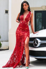 Sexy Long Appliques Lace Mermaid Floor Length Prom Dress With Side Slit