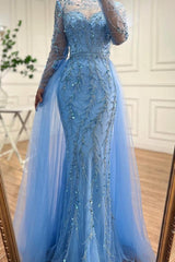 Long Mermaid Jewel Neck Tulle Appliques Floor Length Prom Dress with Sleeves