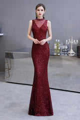 Gorgeous Mermaid Burgundy Sequins Long Formal Evening Dresses