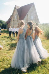 Elegant A-line Multiway Tulle Floor Length Backless Bridesmaid Dresses