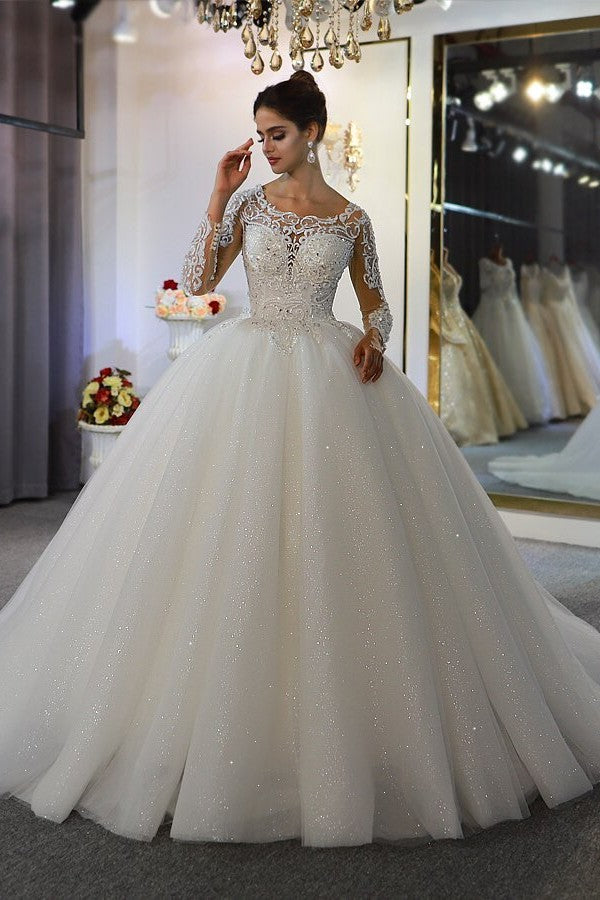 Gorgeous Long Ball Gown Bateau Long Sleeve Appliques Lace Sequins Floor Length Wedding Dress