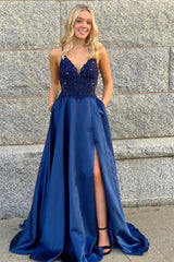 Long A-line V-neck Appliques Lace Ruffles Satin Prom Dress With Slit