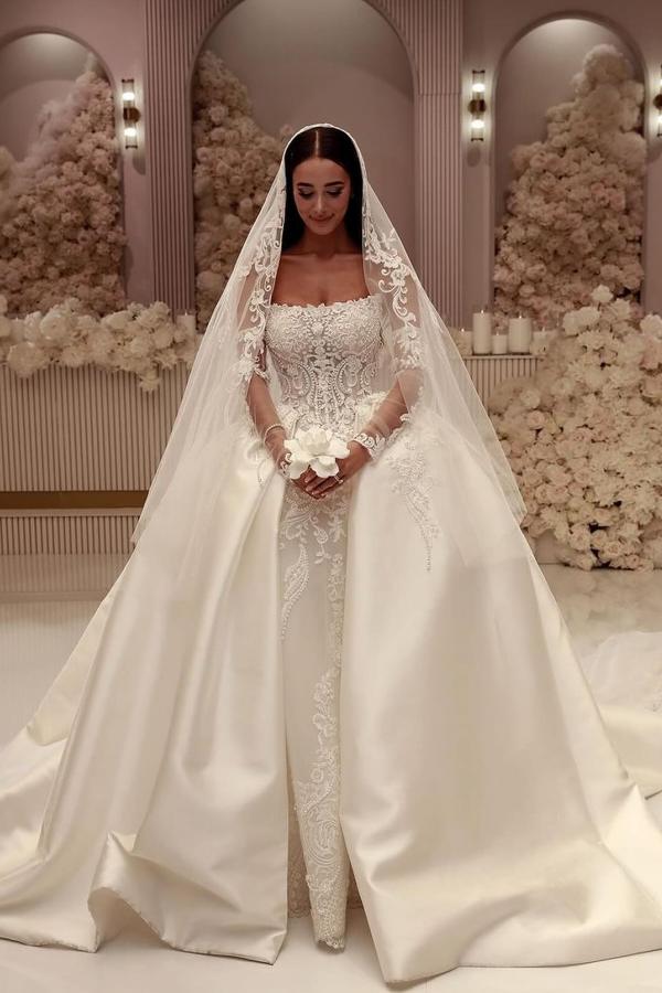 Gorgeous Long Off the Shoulder Lace Satin Wedding Dresses with Sleeves