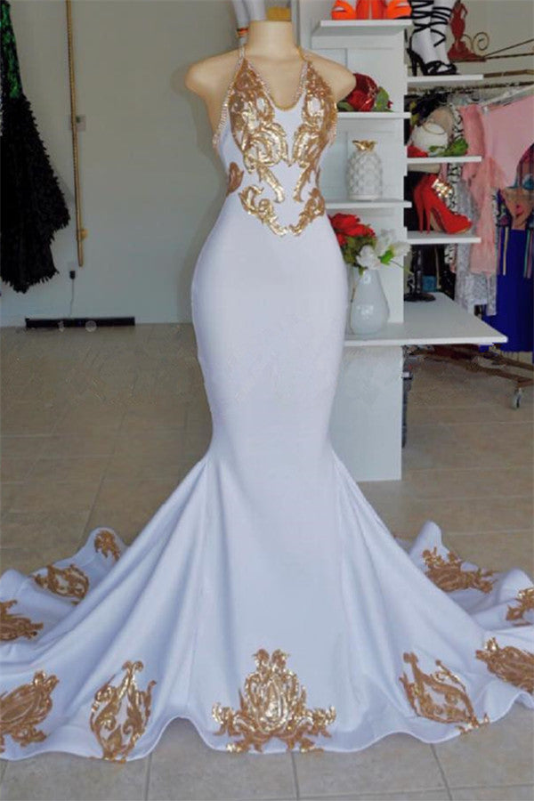 Long Halter Appliques Mermaid White Prom Dress