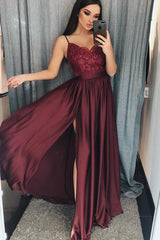 Long A-Line Ruffles Spaghetti Straps Beading Floor Length Prom Dress With Side Slit