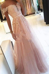 Elegant Off the Shoulder Appliques Lace A-Line Ruffles Floor Length Prom Dress