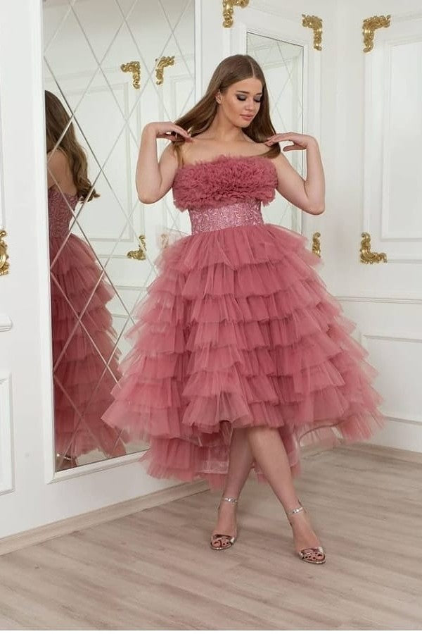 Strapless Backless Tulle Ruffles A-Line High Low Party Dress With Sash