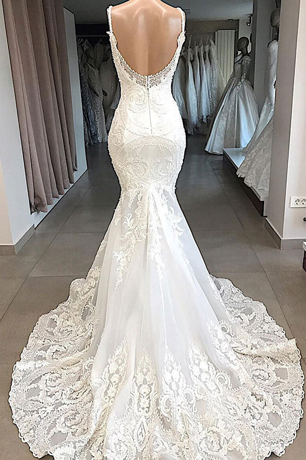 Elegant Long Sweetheart Open Back Appliques Lace Tulle Mermaid Wedding Dress