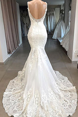 Elegant Long Sweetheart Open Back Appliques Lace Tulle Mermaid Wedding Dress