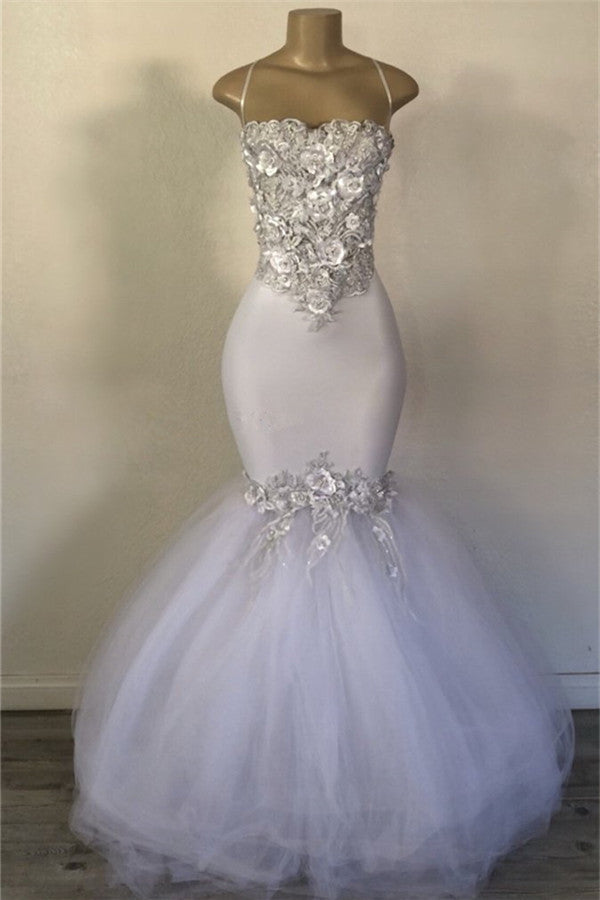 Long Spaghetti Straps Appliques Lace Mermaid Prom Dress