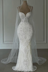 Gorgeous Long Mermaid Spaghetti Straps Appliques Lace Wedding Dress with Beads