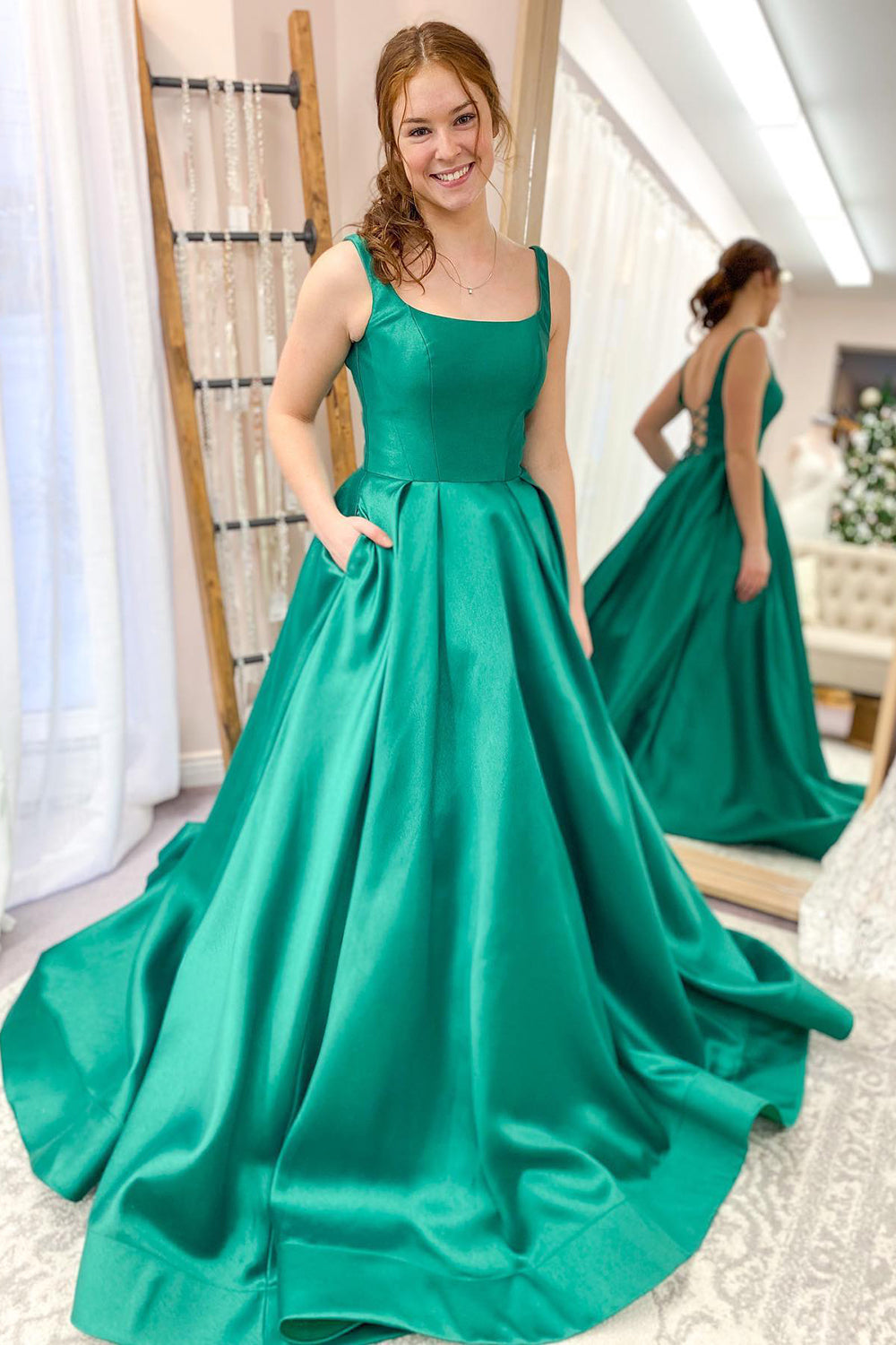 Long A-line Spaghetti Straps Floor Length Satin Prom Dress With Pockets
