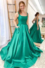 Long A-line Spaghetti Straps Floor Length Satin Prom Dress With Pockets