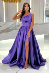 Elegant Long A-line One Shoulder Satin Formal Prom Dresses with Slit