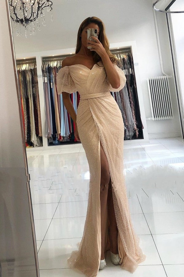 Long Mermaid Off the Shoulder Sequins Ruffles Front Slit Prom Dress With Sleeves