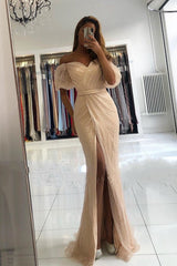 Long Mermaid Off the Shoulder Sequins Ruffles Front Slit Prom Dress With Sleeves