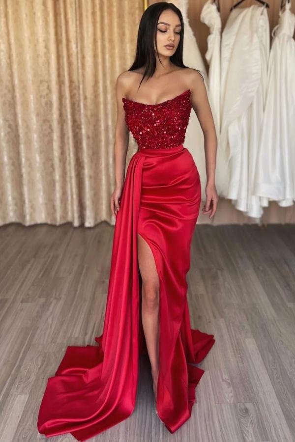 Elegant Long Mermaid Satin Beadings Prom Dresses with Slit