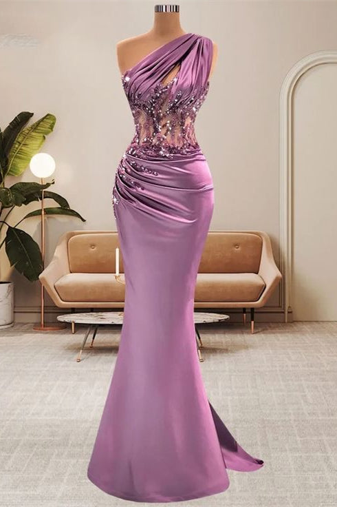One Shoulder Sleeveless Mermaid Long Satin Prom Dress with Beads