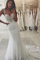 Long Sweetheart Spaghetti Straps Tulle Appliques Lace Mermaid Wedding Dress
