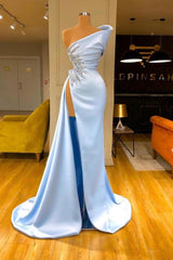 Elegant Long Mermaid One Shoulder Satin Prom Dresses with Slit