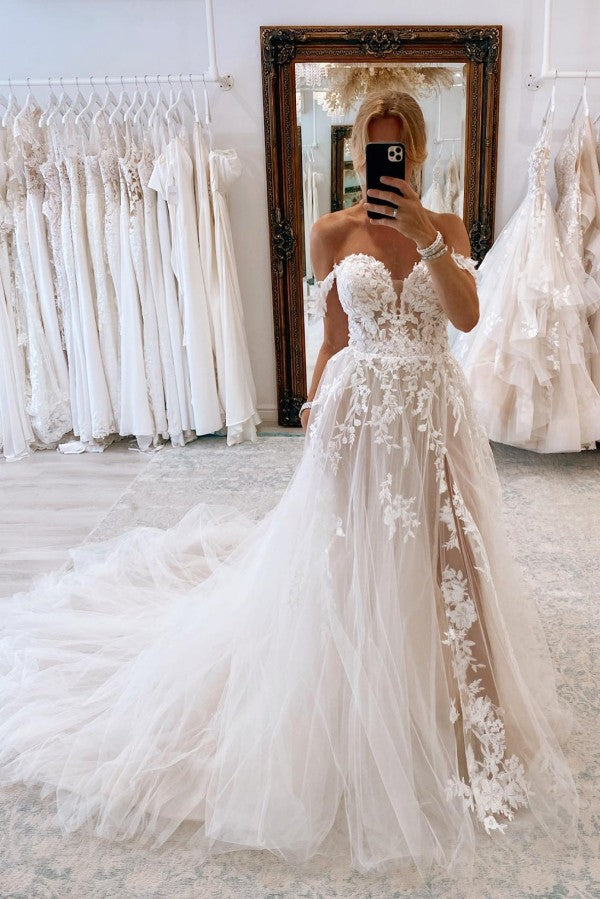 Gorgeous Long A-line Off the Shoulder Tulle Lace Wedding Dresses with Slit