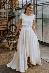 A-line Satin Lace High Low Two Piece Wedding Dress	 with Short Sleeve
