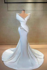 Long Off The Shoulder Satin Floor Length Mermaid Prom Dress with Beads