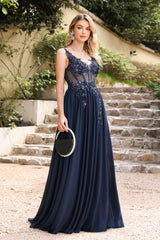 Long A-line V-neck Sleeveless Chiffon Lace Prom Dress with Appliques