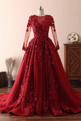 Long A-line Tulle Jewel Floral Appliques Lace Prom Dress with Sleeves