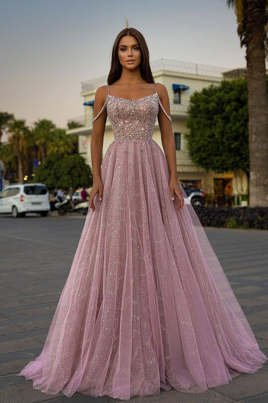 Sparkly Long A-line Sequined Tulle Formal Prom Dress