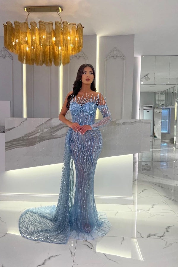 Long Sweetheart Tulle Beaded Mermaid Prom Dress with Sleeves