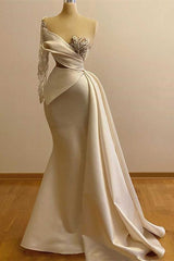 Elegant Long Mermaid One Shoulder Satin Formal Prom Dress with Sleeves