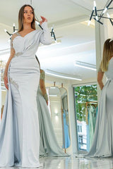 Long Mermaid V-neck Satin Tulle Beading Formal Evening Dresses with Sleeves