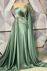 Long Mermaid Sweetheart Appliques Beading Satin Formal Dress With Side Train